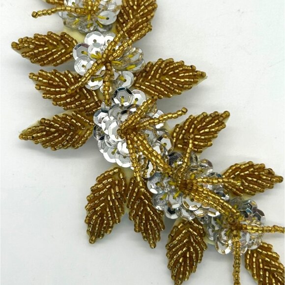 Floral Hair Barrette Bridal Prom Formal Gold-Tone Beaded & Silver Sequin - Picture 3 of 10